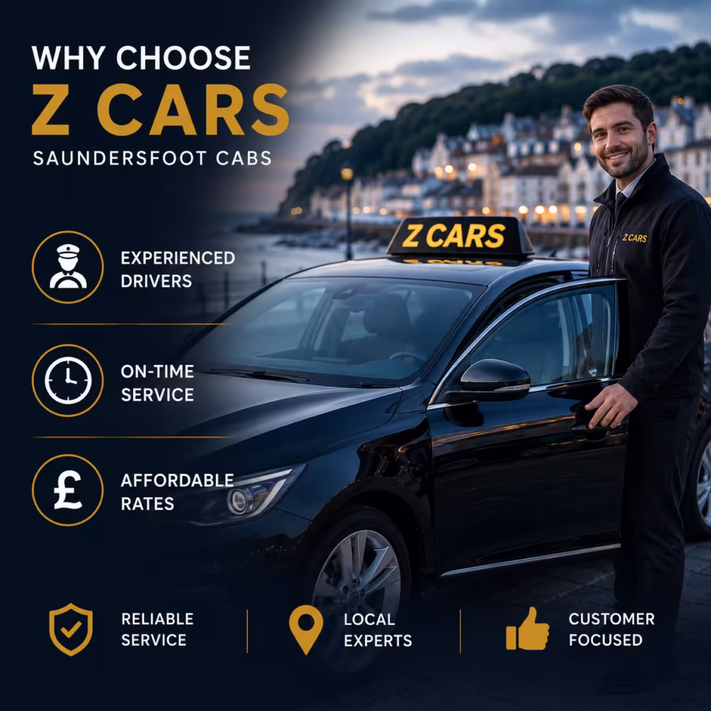 Professional Saundersfoot cabs service by Z Cars with experienced drivers, reliable local transport, on-time pickups, and affordable taxi fares.