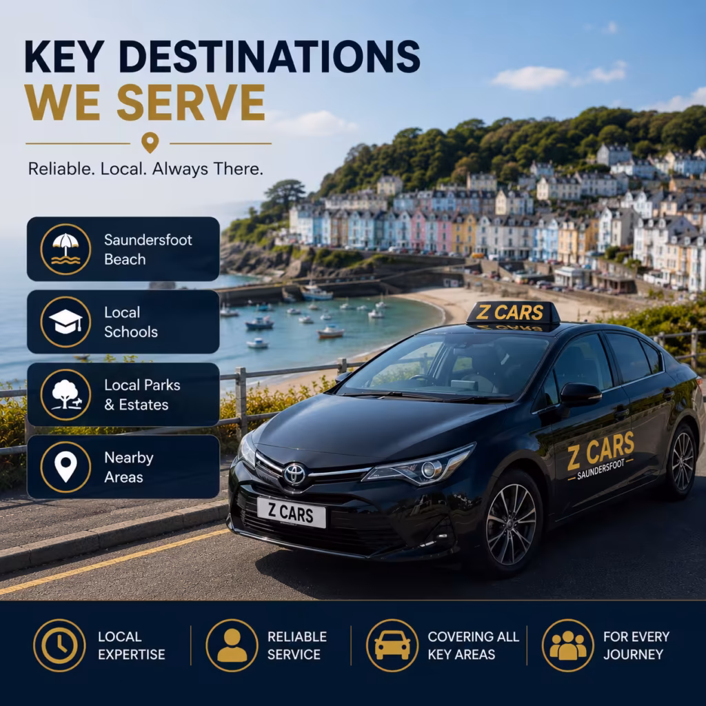 Providing reliable local transport service with a mobile booking map for travel across key destinations in Saundersfoot